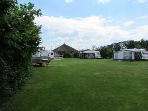 Een groen grasveld met caravans op de kleine camping in Gelderland