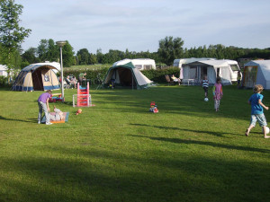 Kinderen spelen voetbal in het gras op de mincamping in Gelderland