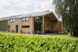 Houten gebouw en een groen veld op de minicamping