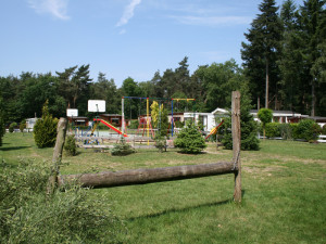 De speeltuin en een houten balk op de kleine camping Gelderland
