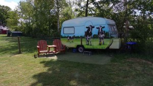 Een caravan met koeien erop beschilderd op de kleine camping Overijssel