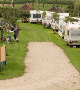 Het kampeerveld met witte caravans van de boerencamping Limburg