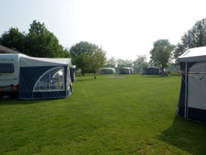 Een groen grasveld met tenten en caravans op de kleine camping Brabant
