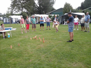 Mensen spelen Kubbs op een van de kleine campings Gelderland