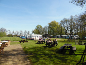 Picknicktafels op een grasveld op de boerencamping Gelderland
