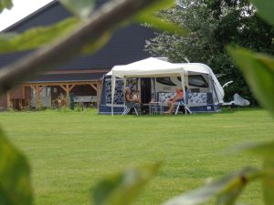 Een caravan op een groen grasveld met bladeren op de natuurcamping zuid holland
